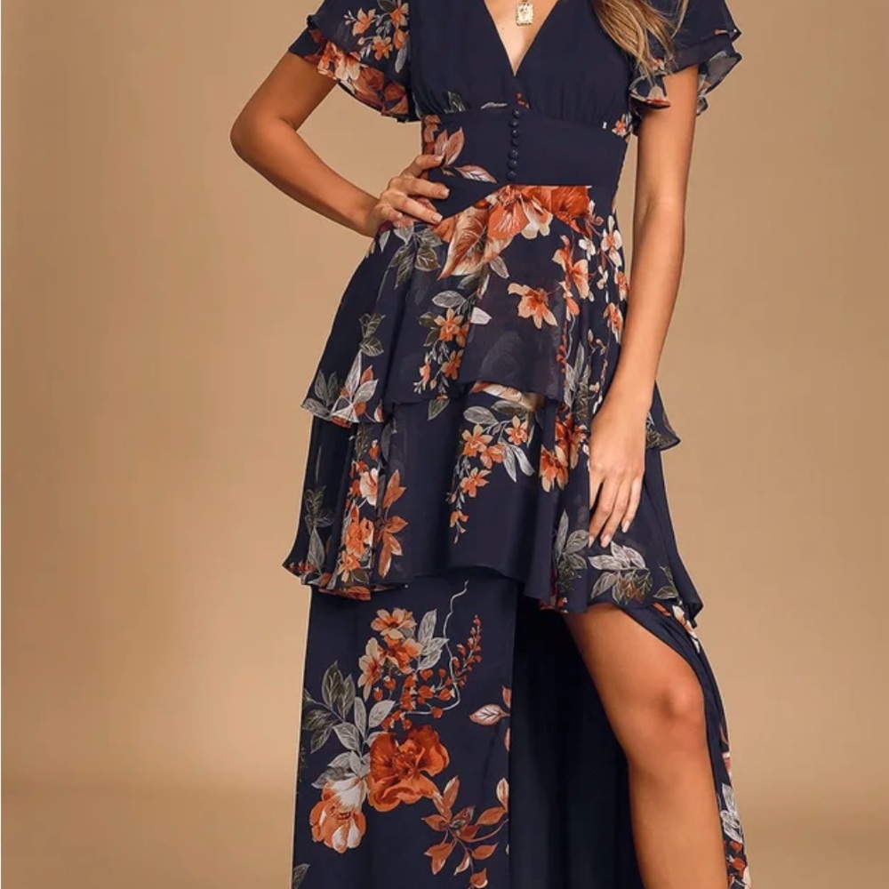Lulu's Orange and Blue High-Low Sundress with Flutter Sleeves